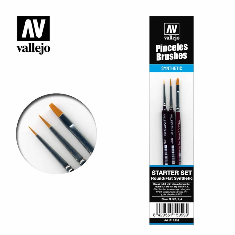 Vallejo Brushes: Starter Set I (3 Pcs.) No.1 & 3/0 Triangular Handle Precision + Flat No.4 Effects