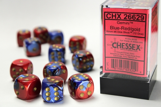 D6 Dice Gemini 16mm Blue-Red/Gold (12 Dice in Display)