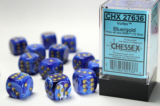 D6 Dice Vortex 16mm Blue/Gold (12 Dice in Display)