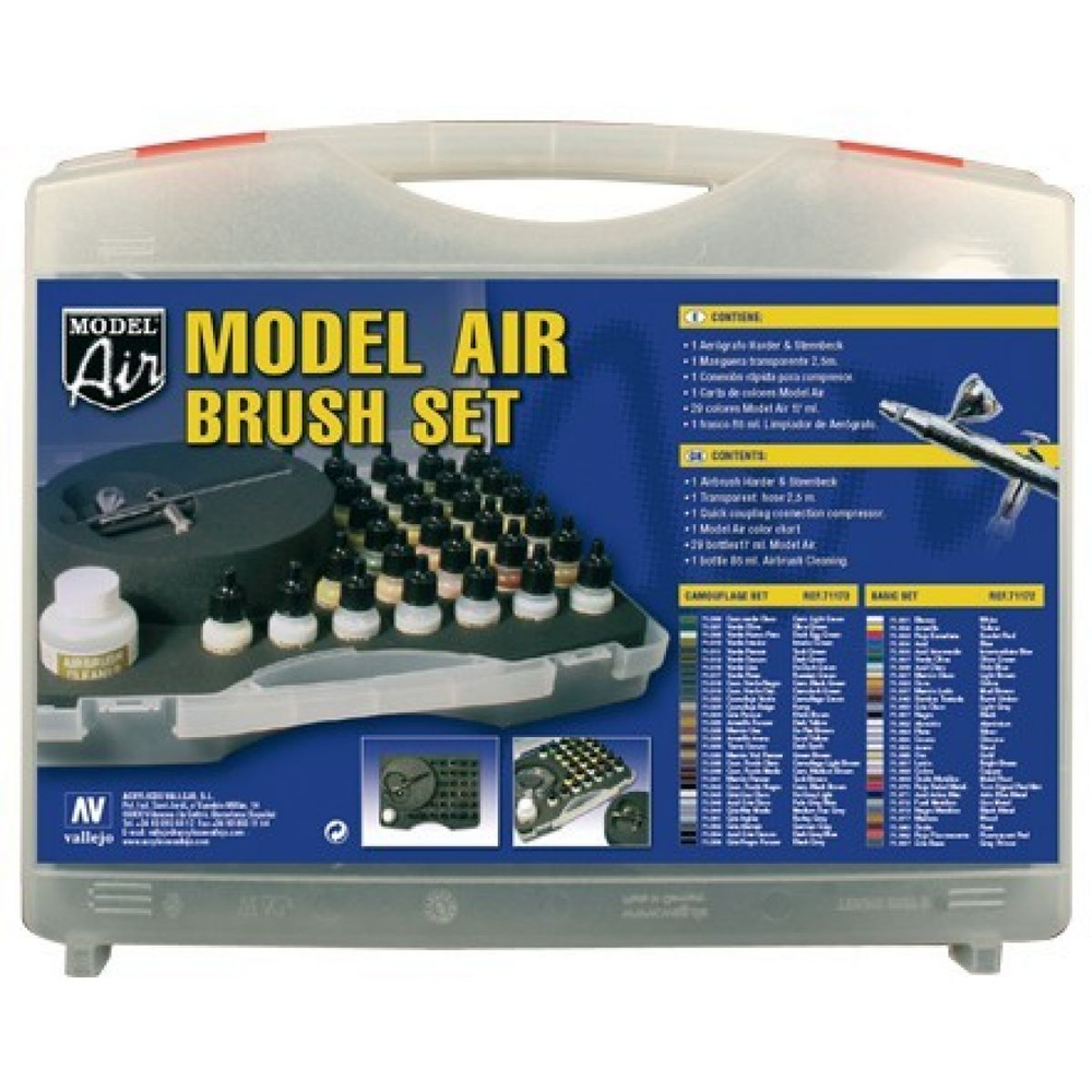Vallejo Model Air: 29 Basic Colors Set + Airbrush Plastic Case
