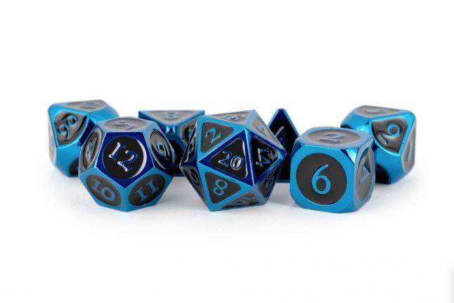 MDG 16mm Metal Polyhedral Dice Set: Blue w/ Black Enamel