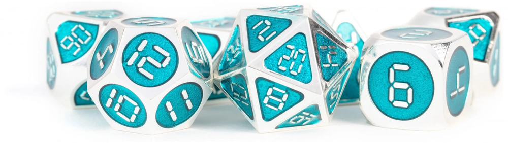 MDG 16mm Metal Polyhedral Dice Set: Silver w/ Teal Enamel