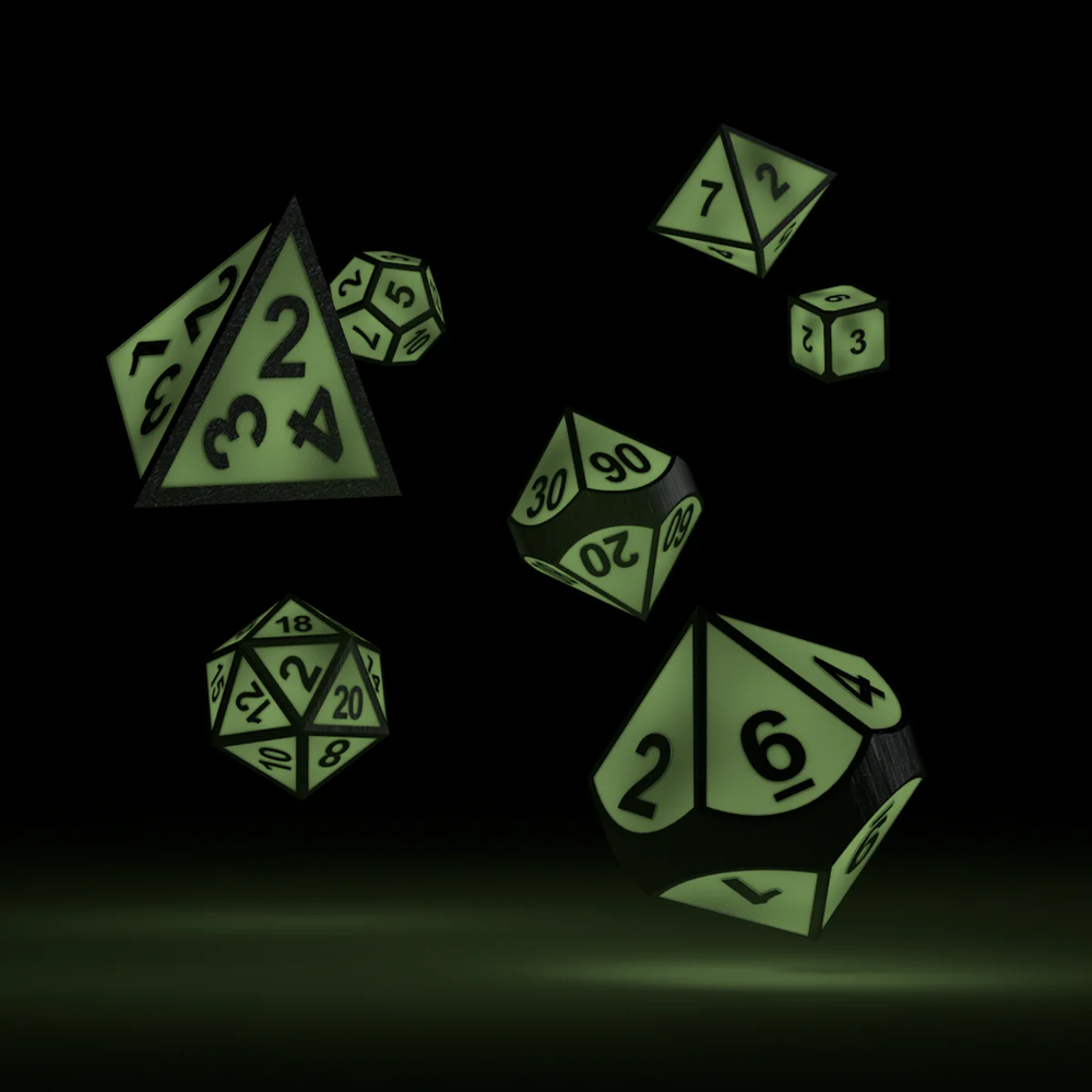 Oakie Doakie Dice RPG Set Metal Glow in the Dark - Druids Blaze