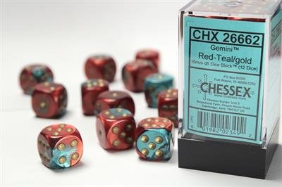 Chessex: Gemini 16mm D6 Red Teal/Gold Black 12-die Set