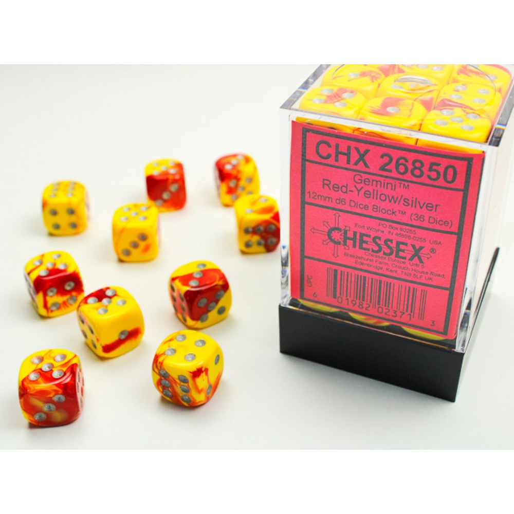 CHX 26850 Gemini Red-Yellow/silver 12mm d6 Dice Block (36 dice)