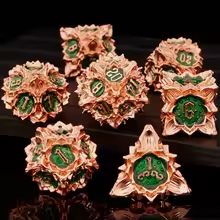 7pc Metal Flower Dice - Green/Bronze