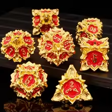 7pc Metal Flower Dice - Red/Gold