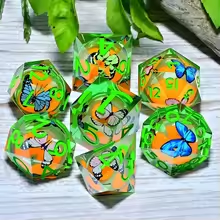 7 Pc. Liquid Core Dice Set, Green Glitter Butterfly