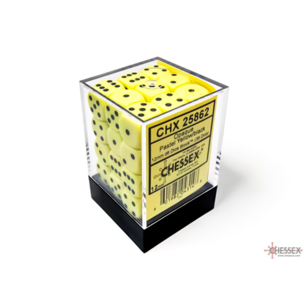 Chessex: Opaque 12mm d6 Pastel Yellow/black Dice Block (36 dice)